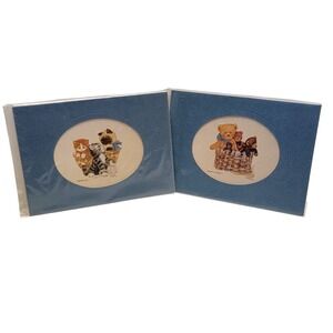 VTG 80s Molly Fleming Prints Set of‎ 2 Teddy Bear Kitten Blue Matted 5x7 Nursery